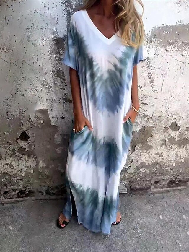  γυναικείο casual φόρεμα t shirt φόρεμα μπλουζάκι φόρεμα γραβάτα βαφή τσέπη print v μακρύ φόρεμα μάξι φόρεμα κομψό casual καθημερινές διακοπές κοντομάνικο καλοκαίρι