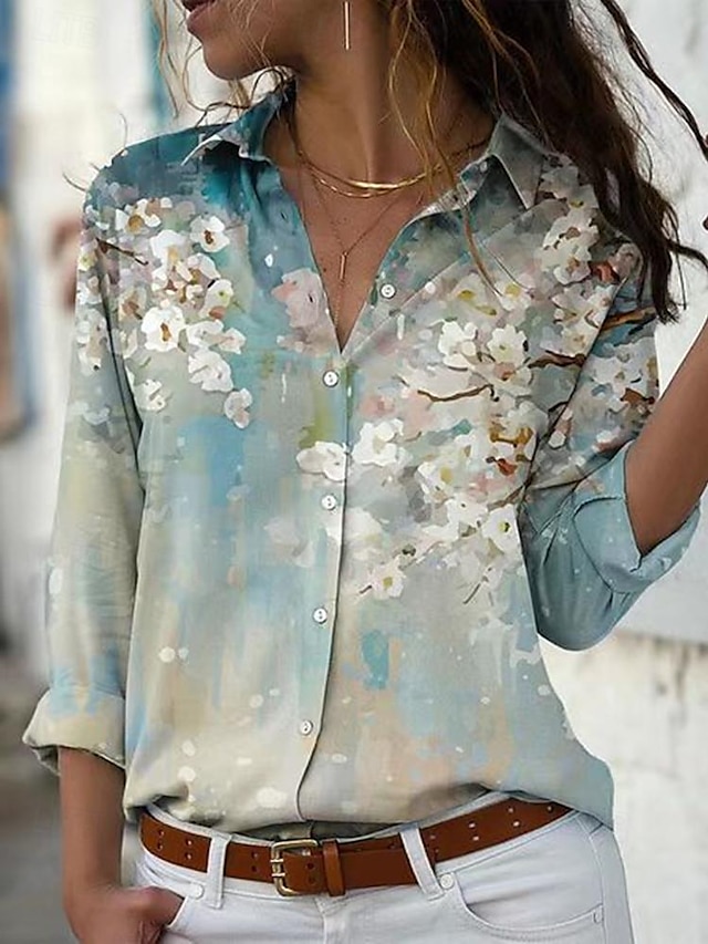  Damen Hemd Bluse Blumen Taste Bedruckt Täglich Urlaub Brautkleider schlicht Langarm Hemdkragen Blau Frühling & Herbst