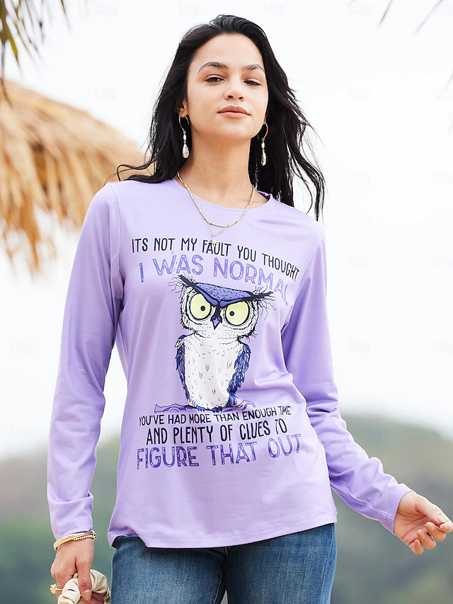 Women's T shirt Long Sleeve Crew Neck Long Sleeve Tunic Animal Dog Letter Funny Short Sleeve Round Neck Regular Tops Daily Weekend Print White Light Brown Purple Khaki Prefall 9