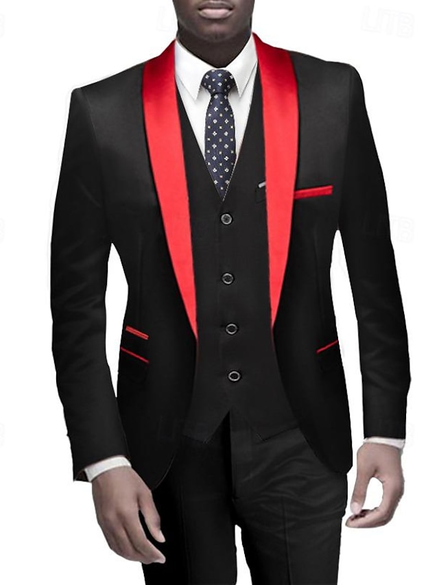  negru roșu burgundă costume de bal pentru bărbați smoking de bal de nuntă 3 piese guler șal uni, potrivire standard, un singur piept, un singur buton 2024