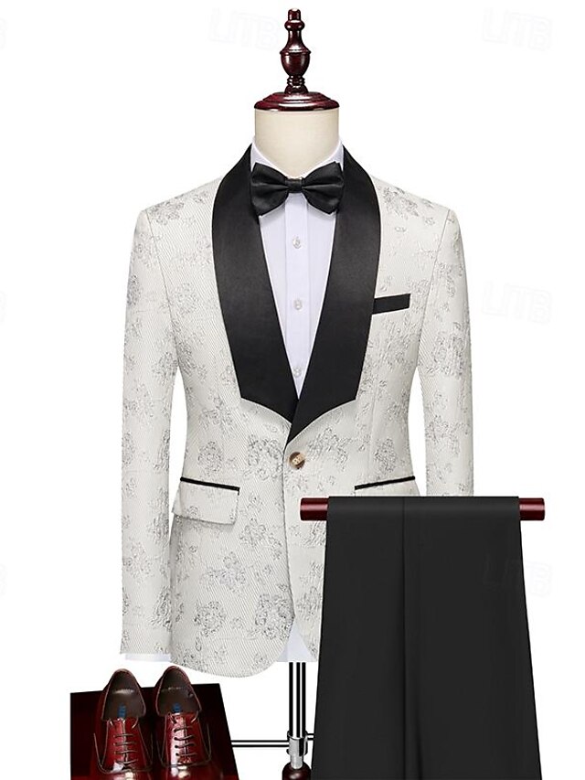  Schwarz Weiß Rosa Herren Hochzeit Anzüge Suits Jacquard Blumen 2-teiliges Set Reguläre Passform Einreiher - 1 Knopf 2024