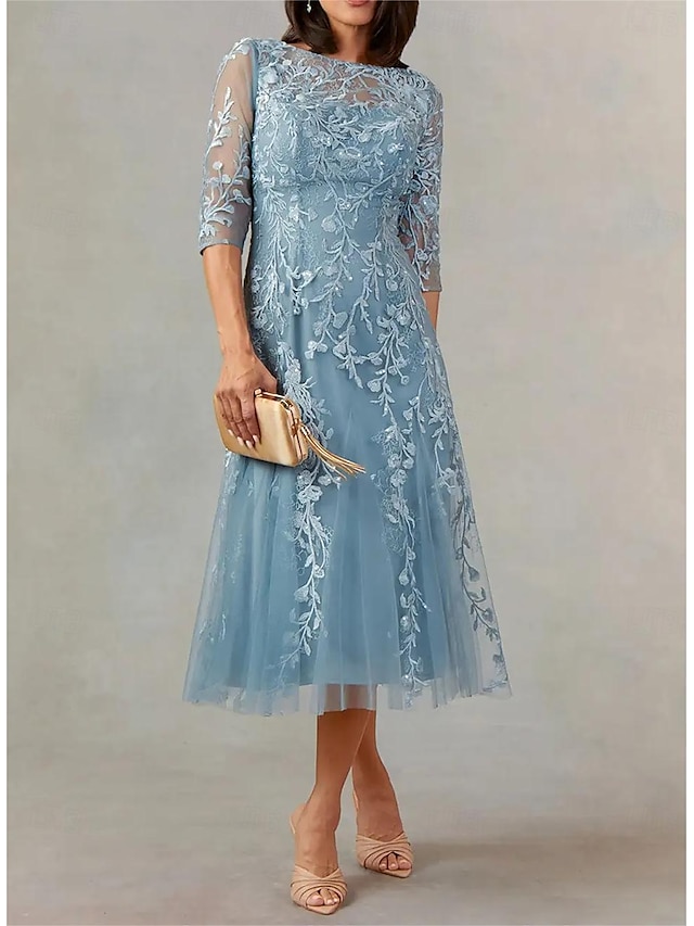  Ball Gown A-Line Mother of the Bride Dress  Wedding Guest Elegant Vintage Party Jewel Neck Tea Length Chiffon Lace Tulle Long Sleeve Half Sleeve with Lace Ruched Draping 2024