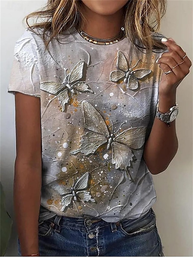  Femme T shirt Tee Papillon Imprimer du quotidien Mode Moderne Manche Courte Col Ras du Cou Jaune Eté