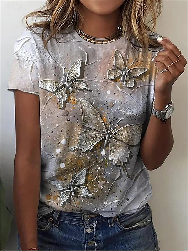 Women's T Shirt Butterfly Fashion Modern Short Sleeve Crew Neck Regular Tops Daily Print Yellow Pink Blue Sky Blue Summer 5