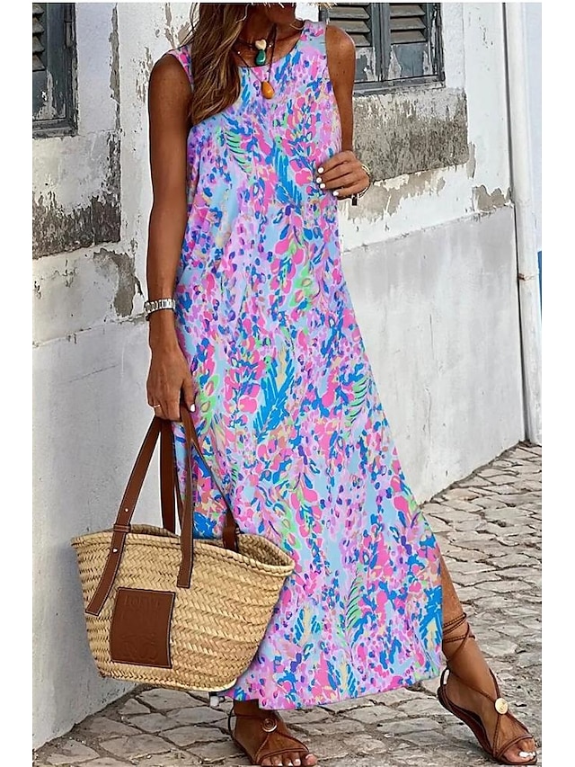  Femme Robe Débardeur Abstrait Imprimer Col Ras du Cou Mini robe Tropique basique Intérieur du quotidien Sans Manches Eté Printemps