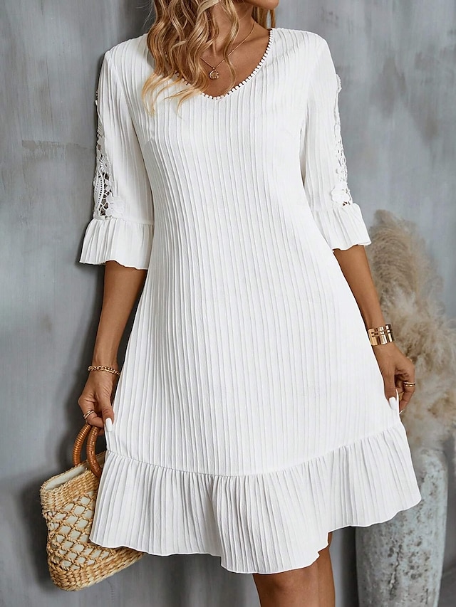  女性用 サマードレス 袖付きホワイトレースドレス ホワイトレースのウェディングドレス ミディドレス ボタン エレガント Ｖネック 半袖 ホワイト カラー