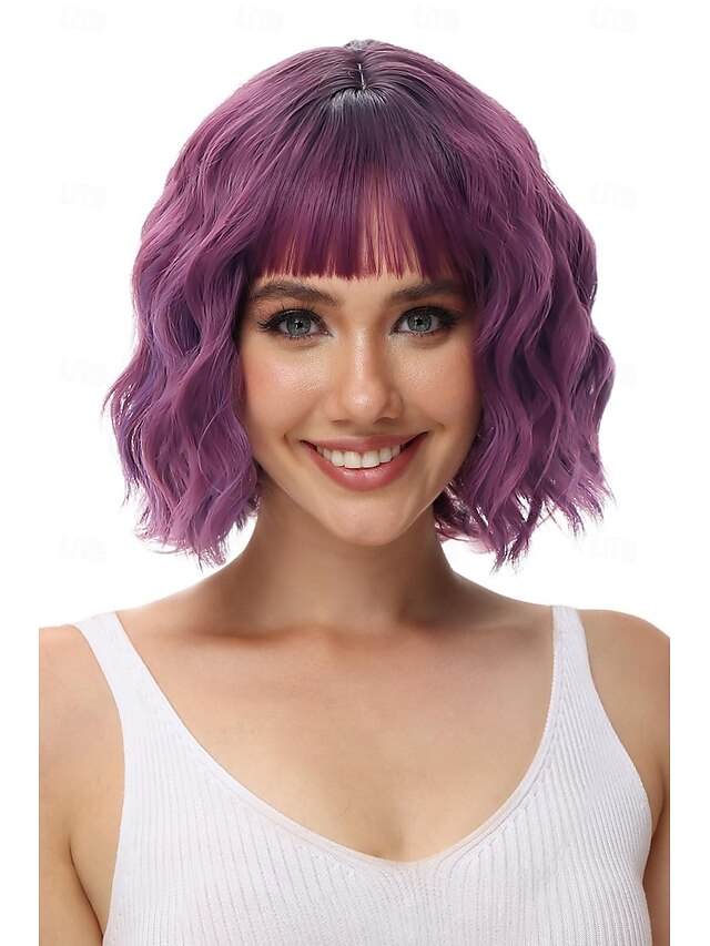  parrucca bob ondulata viola verde rosa con frangia parrucca viola ombre naturale capelli sintetici lunghezza delle spalle parrucche corte ricci per le donne