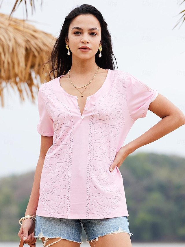  Mulheres Camiseta Camisa Henley Blusa Tecido Casual Botão Com Corte Rosa Manga Curta Básico Decote V