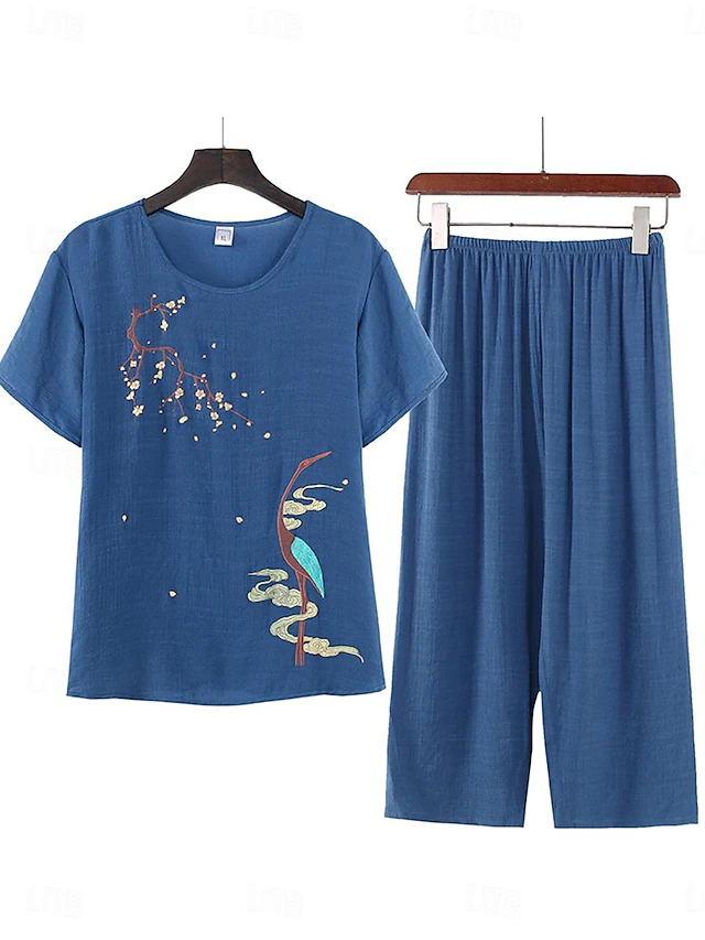 Women's Pajamas Sets Floral Fashion Comfort Home Daily Bed Cotton And Linen Breathable Crew Neck Short Sleeve T shirt Tee Shorts Elastic Waist Summer Spring Home Outfits 22