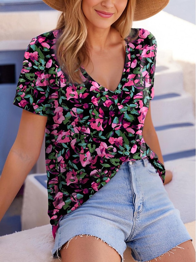  Damen T Shirt Blumen Täglich Bedruckt Rosa Kurzarm Modisch V Ausschnitt Sommer