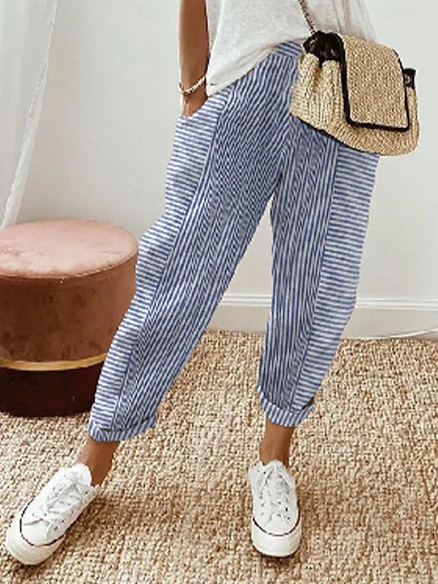  Women's Pants Trousers Polyester Striped Black Pink Casual Daily Full Length Going out Weekend Summer Spring
