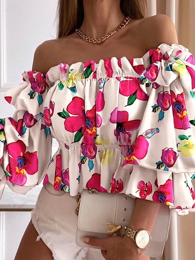  Women's Shirt Blouse Floral Graphic Vacation Going out Ruffle Print Puff Sleeve White Long Sleeve Casual Off Shoulder Spring & Summer