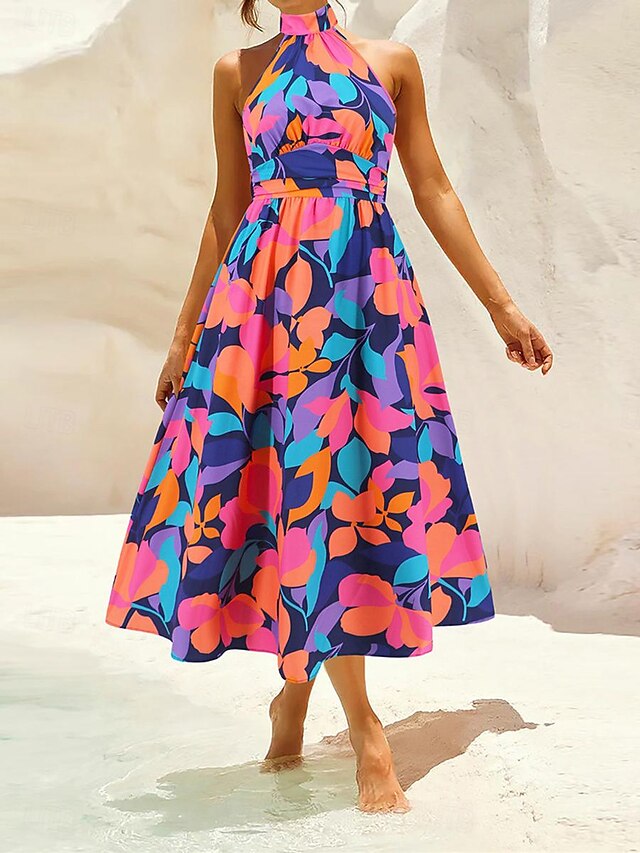  naisten rento mekko kukka lehtiä selkänojaton print riimu kaula midi mekko rento boho päivittäinen loma hihaton kesä