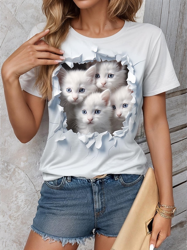  Dame T skjorte 3D cat Dyr Trykt mønster Daglig Helg Mote Kortermet Rund hals Hvit Sommer