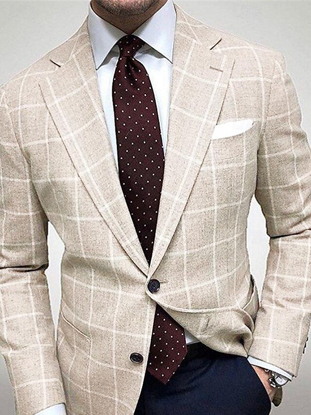 Men's Graduation Blazer Cocktail Attire Formal Evening Wedding Party Birthday Party Fashion Casual Spring &  Fall Polyester Plaid / Check Pocket Casual / Daily Single Breasted Blazer Brown2