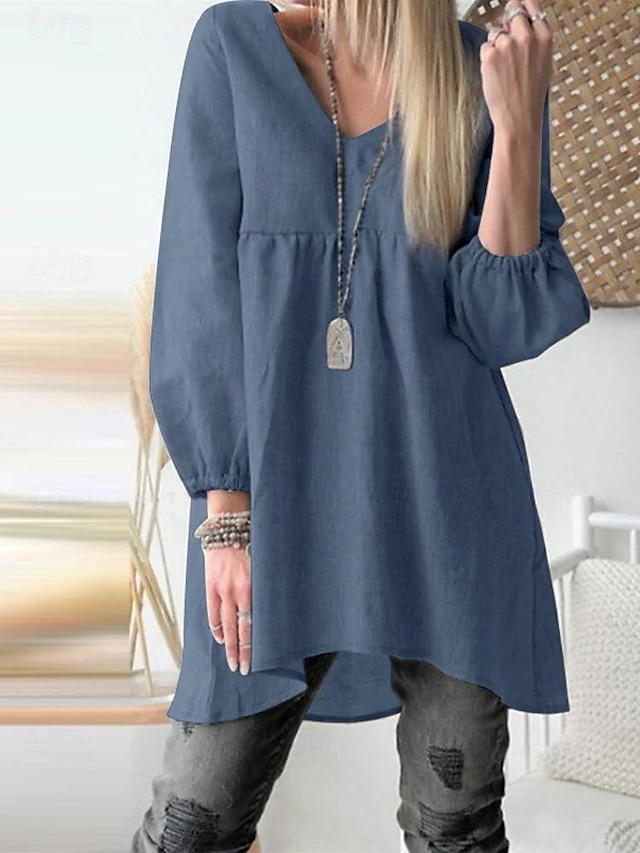  Camisa Social Blusa Mulheres Preto Azul Cáqui Tecido Longas Rua Diário Moda Decote V Linho Normal S