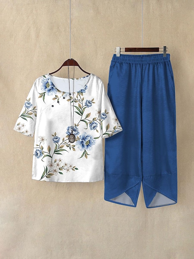  Mujer Camisa Conjuntos de pantalones Floral Casual Diario Estampado Azul Piscina Manga Corta Elegante Vacaciones Vintage Escote Redondo Verano Primavera