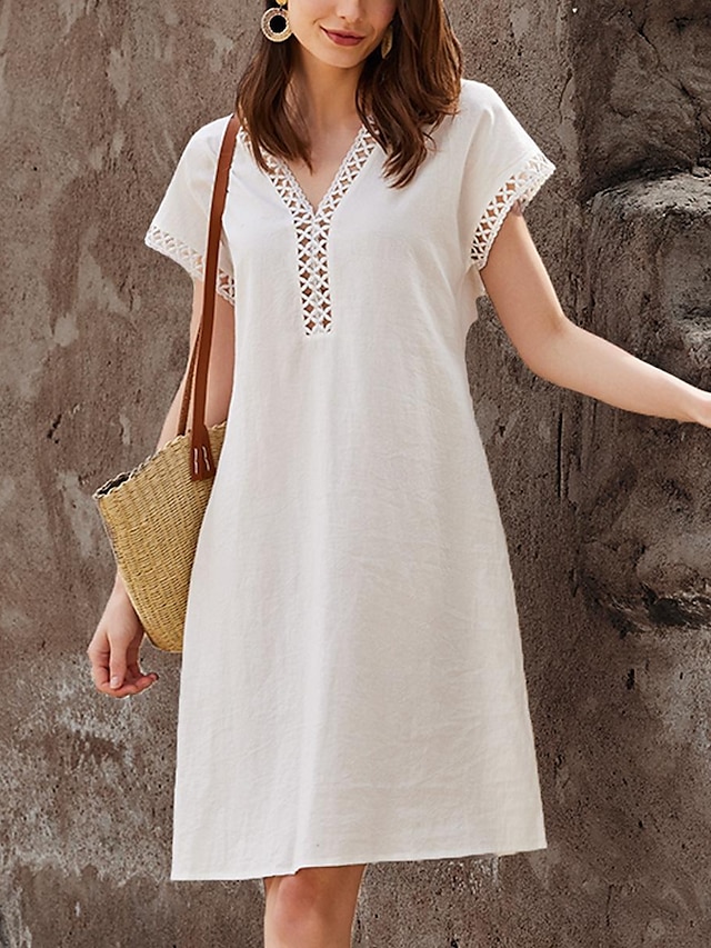  Γυναικεία Καθημερινό φόρεμα Φόρεμα από βαμβακερό λινό Μίνι φόρεμα Λαιμόκοψη V Μικρή Οπή Βασικό Καθημερινά Διακοπές Λαιμόκοψη V Κοντομάνικο Καλοκαίρι Άνοιξη Λευκό Θαλασσί Σκέτο