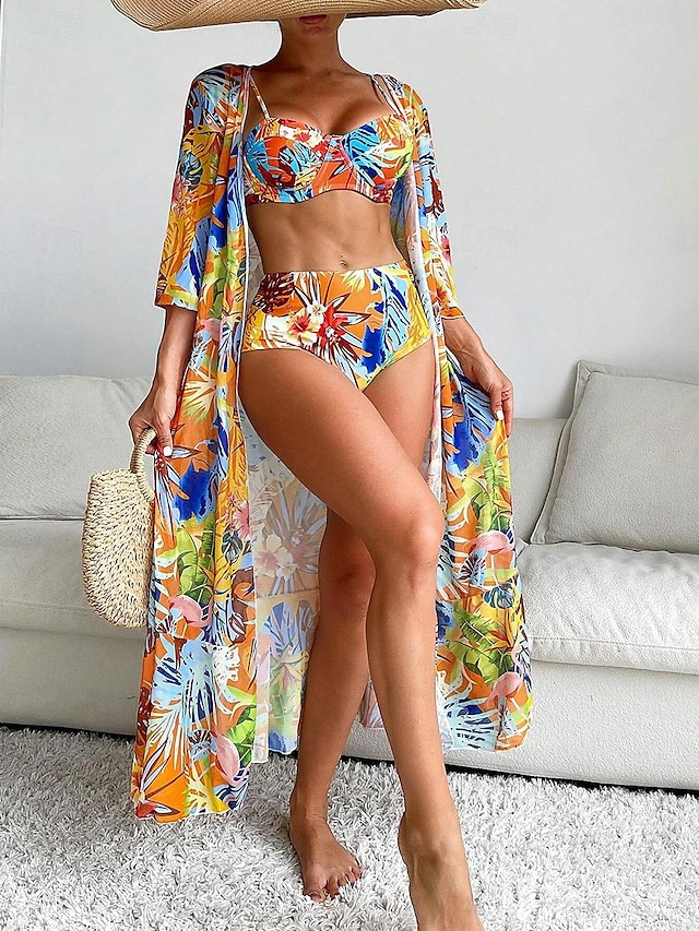  Damen Normal Badeanzug Bikinis Drei Stück Bademode Push-Up Hosen Tropisch Blätter V Ausschnitt Urlaub Strandbekleidung Badeanzüge
