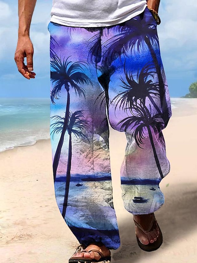  Bărbați Hawaiană Copac de cocos Pantaloni Tipărire 3D Pantaloni cu picior drept Talie medie Talie elastică cu șnur În aer liber Stradă Concediu Vară Primăvară Toamnă Potrivire lejeră Inelastic