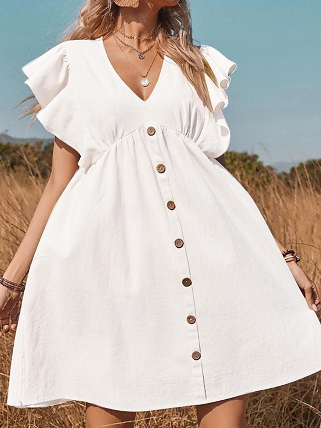  Damen Weißes Kleid Casual kleid Baumwoll-Leinenkleid Minikleid Rüsche Taste Basic Täglich V Ausschnitt Kurzarm Sommer Frühling Schwarz Weiß Glatt