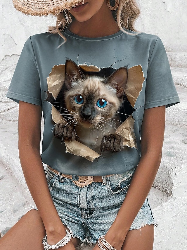  Mulheres Camiseta 3D cat Animal Imprimir Diário Final de semana Moda Manga Curta Decote Redondo Azul Verão