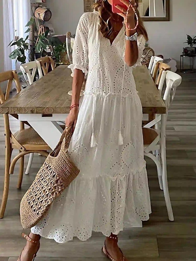  Damen Weißes Kleid Casual kleid Schaukelkleid Maxidress Rüsche Strassenmode Maxi V Ausschnitt Halbe Ärmel Weiß Farbe