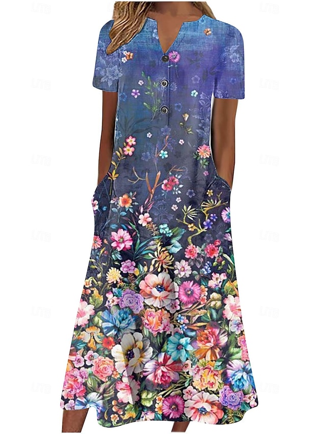 Mujer Vestido de Punto Vestido informal Geométrico Botón Escote en Pico vestido largo vestido largo Elegante Casual Hogar Cita Manga Corta Verano Primavera