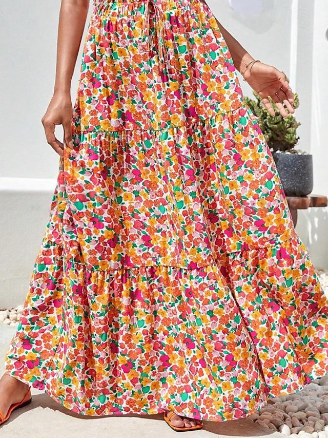  Mujer Falda Línea A Columpio Maxi Faldas Estampado Floral Festivos Vacaciones Verano Poliéster Casual Boho Rosa