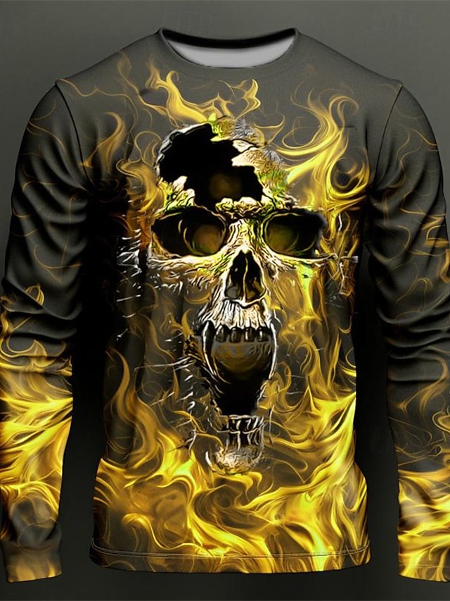  Herre Grafisk Flamme Hodeskaller T skjorte Langermet T skjorte 3D-utskrift Crew-hals Skjorte Mote Designer Fritid Sport & Utendørs Ferie Ut på byen Dyp Lilla Gul Lilla Vår & Vinter Klær S M L XL 2XL