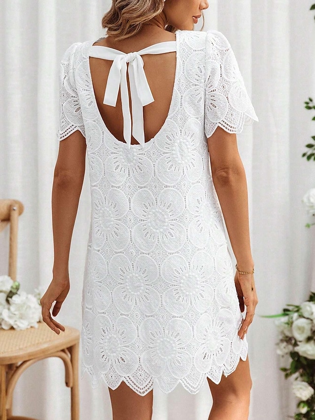  Women's Casual Dress White Lace Dress with Sleeves Mini Dress Lace Casual Crew Neck Half Sleeve White Color