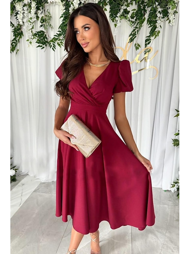  Women's Black Dress Midi Dress Ruffle Hem Party Elegant V Neck Short Sleeve Puff Sleeve Black Pink Red Color