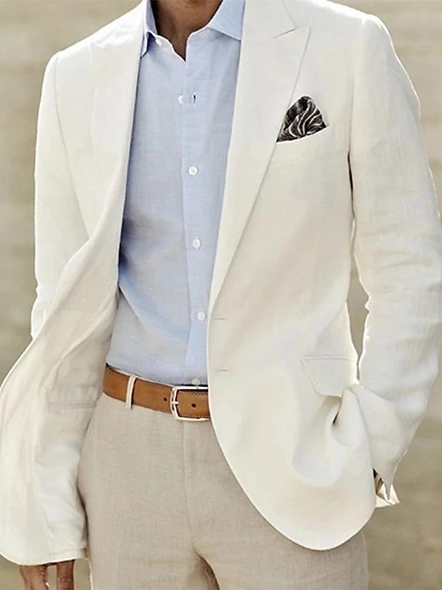  Men's Linen Blazer Beach Wedding Casual Tailored Fit Solid Colored Single Breasted Two-button White 2024