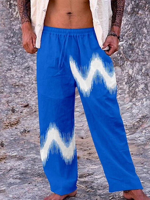  Calça masculina de linho com estampa ondulada 20%, cintura elástica, conforto gráfico, comprimento total, streetwear ao ar livre, calça casual havaiana