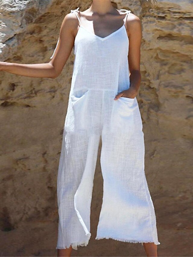 Women's Normal Overall Streetwear Solid Color Sleeveless V Neck Pocket Street Daily Regular Fit White Pink Orange Summer4