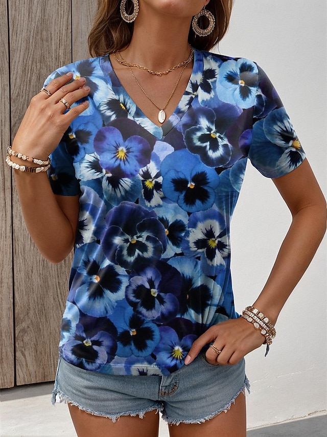  Damen T Shirt Blumen Modisch Kurzarm V Ausschnitt Normale Oberteile Täglich Bedruckt Marineblau Blau Purpur Sommer
