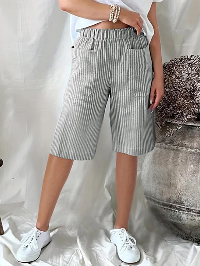  Dame Shorts Fritid hverdag Knelengde Stripet Lomme Elastisk midje Pusteevne Bekvem Uelastisk Ut på byen Helg Svart Gul Rosa Navyblå Sommer Normal