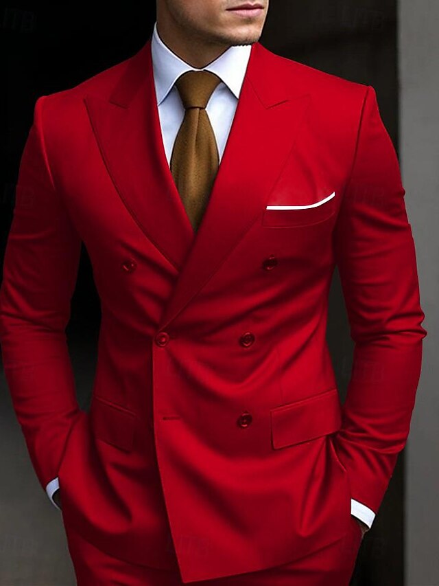  Costumes de mariage pour hommes Homecoming costumes noir blanc affaires formelles couleur unie coupe ajustée 2 pièces double boutonnage six boutons