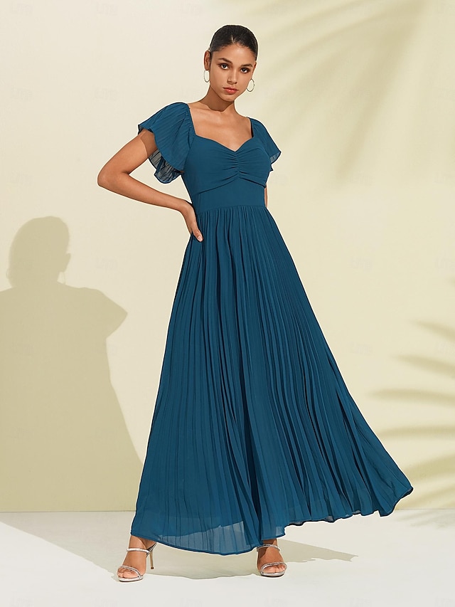  Robe longue d'invité de mariage en mousseline de soie pour femmes, élégante, bleue, plissée, col en v, manches courtes, ligne a, robe de soirée formelle