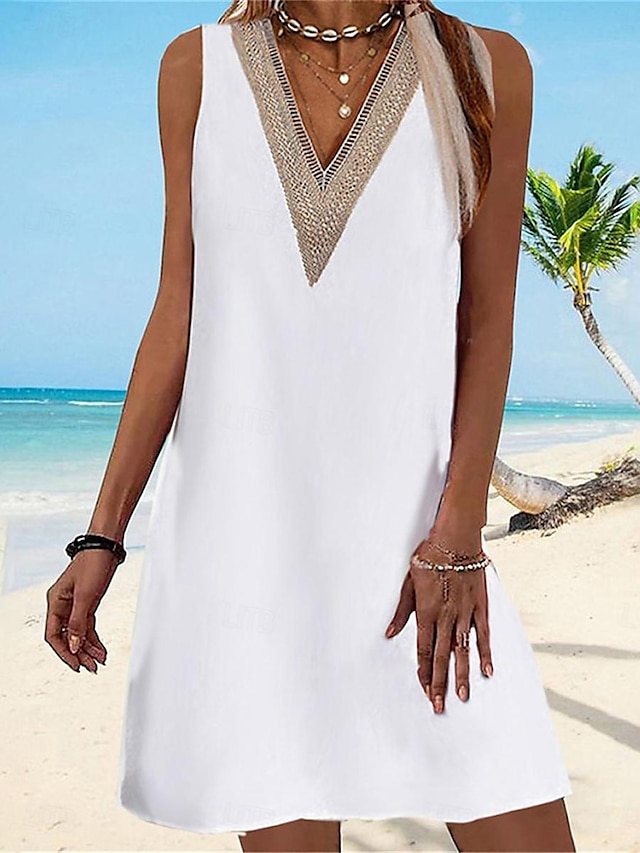  Women's White Dress Mini Dress Lace Patchwork Vacation Casual V Neck Sleeveless White Yellow Blue Color