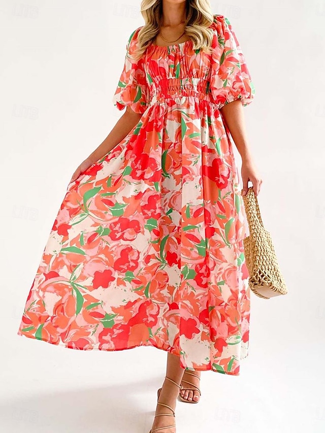 Pentru femei Rochie Lunga Rochie Maxi Rochie casual Rochie leagăn Rochie A line Rochie de vară Stilat Vacanță Zilnic Dată Fit regulat Floral Manșon Jumate De Pe Umăr Roșu-aprins Albastru piscin