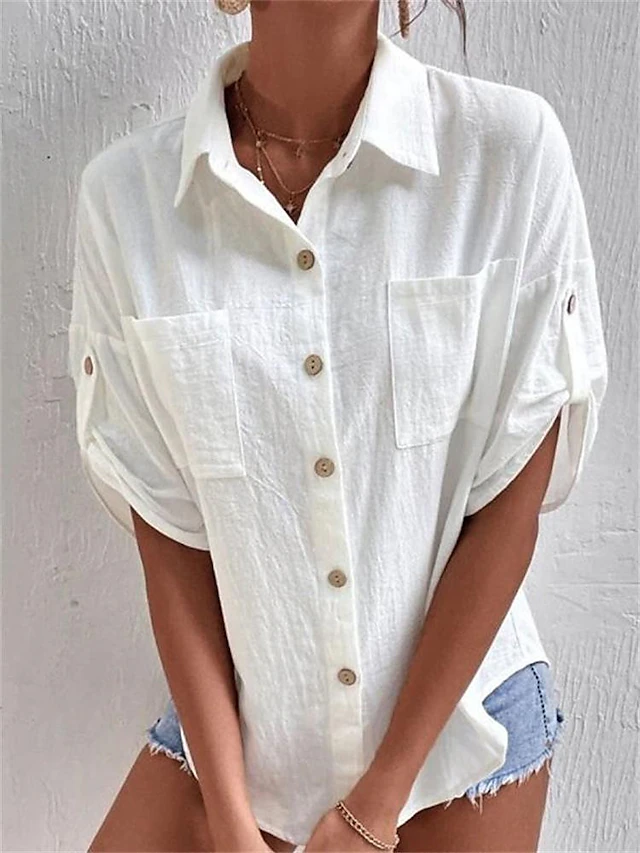 Women's Shirt Cotton Linen Shirts Button Up Blouse Plain Fashion Shirt Collar Street Daily Buttons Pocket Black White Gray Summer 10