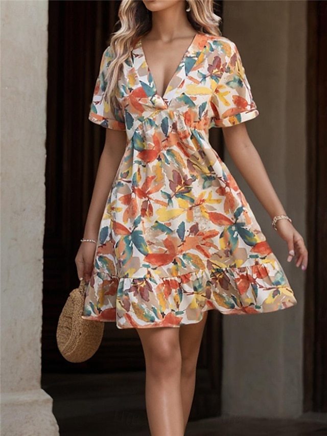  Women's Casual Dress A Line Dress Floral Print V Neck Mini Dress Stylish Daily Date Short Sleeve Summer
