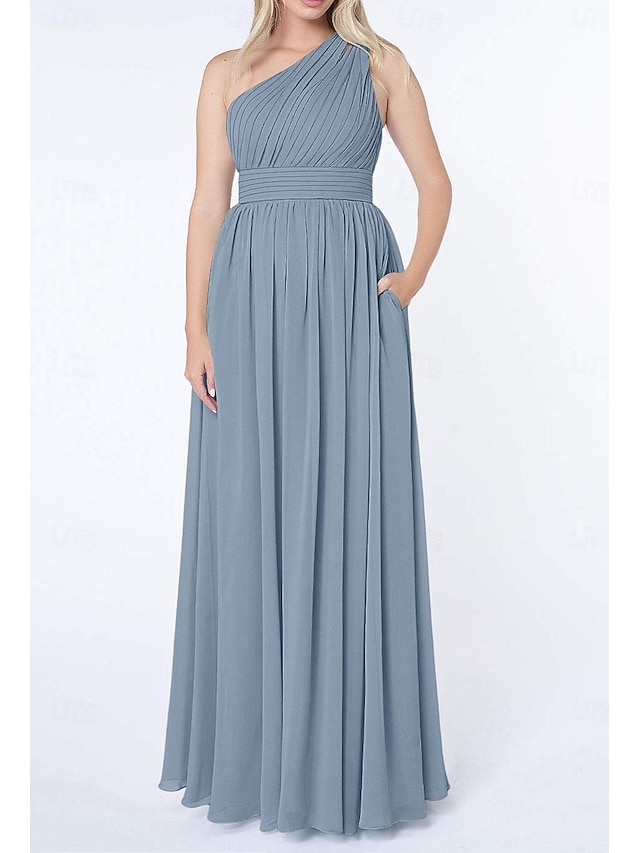  A-Line Bridesmaid Dress One Shoulder Sleeveless Elegant Floor Length Chiffon with Pleats / Ruching 2022