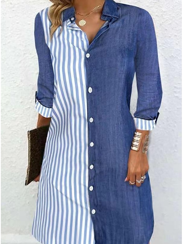  Dame Skjorte Bluse Fargeblokk Stripet Daglig Feriereise Knapp Trykt mønster Blå Langermet Fritid Skjortekrage Vår sommer