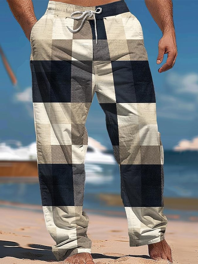  Pantalon à carreaux hawaïen pour hommes, pantalon de vacances en plein air, coupe décontractée, micro-élastique