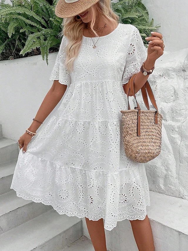  Γυναικεία Λευκό φόρεμα Μίντι φόρεμα Δαντέλα Κουρελού Κομψό στυλ street Καθημερινό Λαιμόκοψη V Κοντομάνικο Λευκό Χρώμα