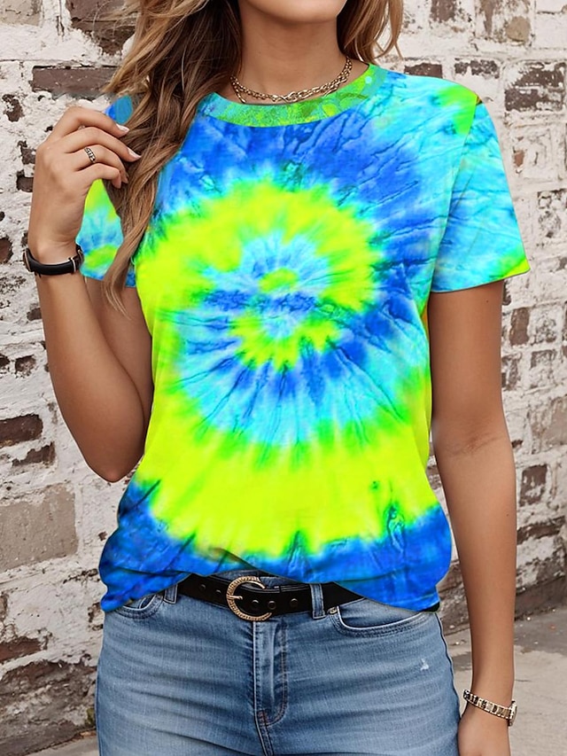 Women's T Shirt Tee Tie Dye Green Short Sleeve Crew Neck Vacation ...