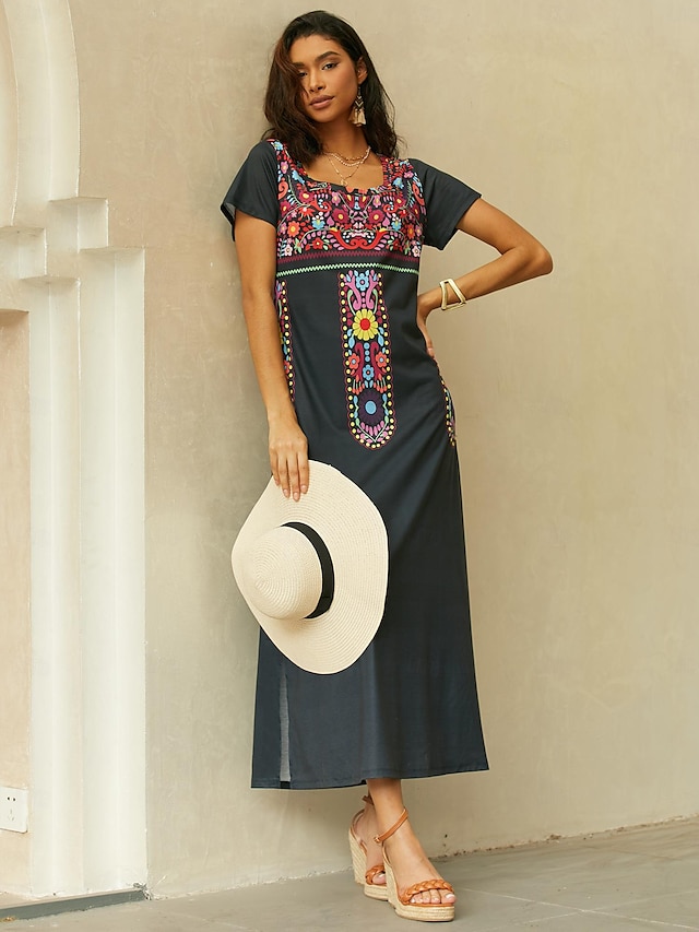  Damen Casual kleid Farbblock Gespleisst Bedruckt Rundhalsausschnitt Maxidress Vintage Ethnisch Urlaub Kurzarm Sommer