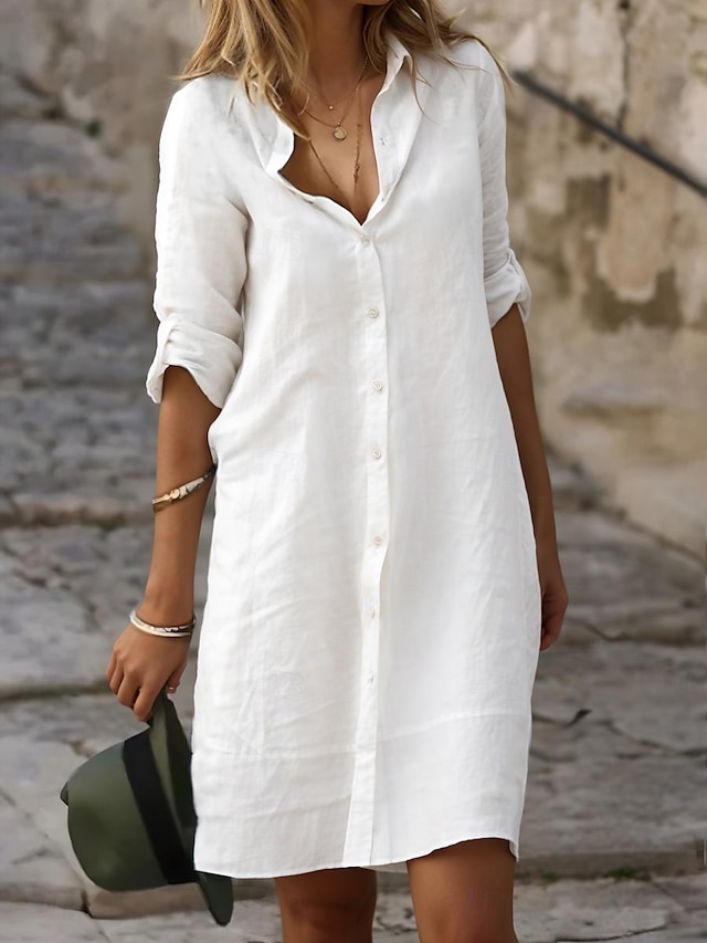  Women's White Dress Shirt Dress Casual Dress Mini Dress Button Basic Daily Shirt Collar 3/4 Length Sleeve Summer Spring Black White Plain